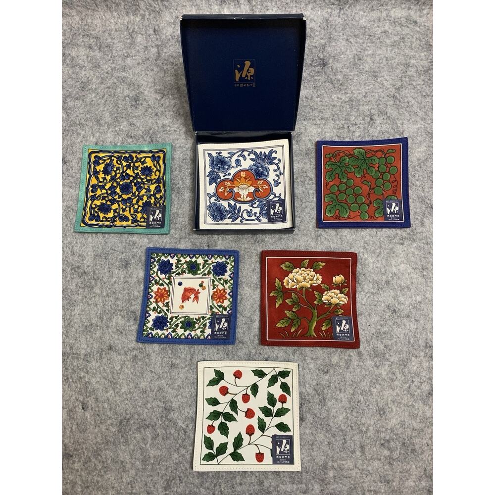 Set Of 6 New In Box Japanese Gen Collection Fabric Panel Coasters Imari 4"